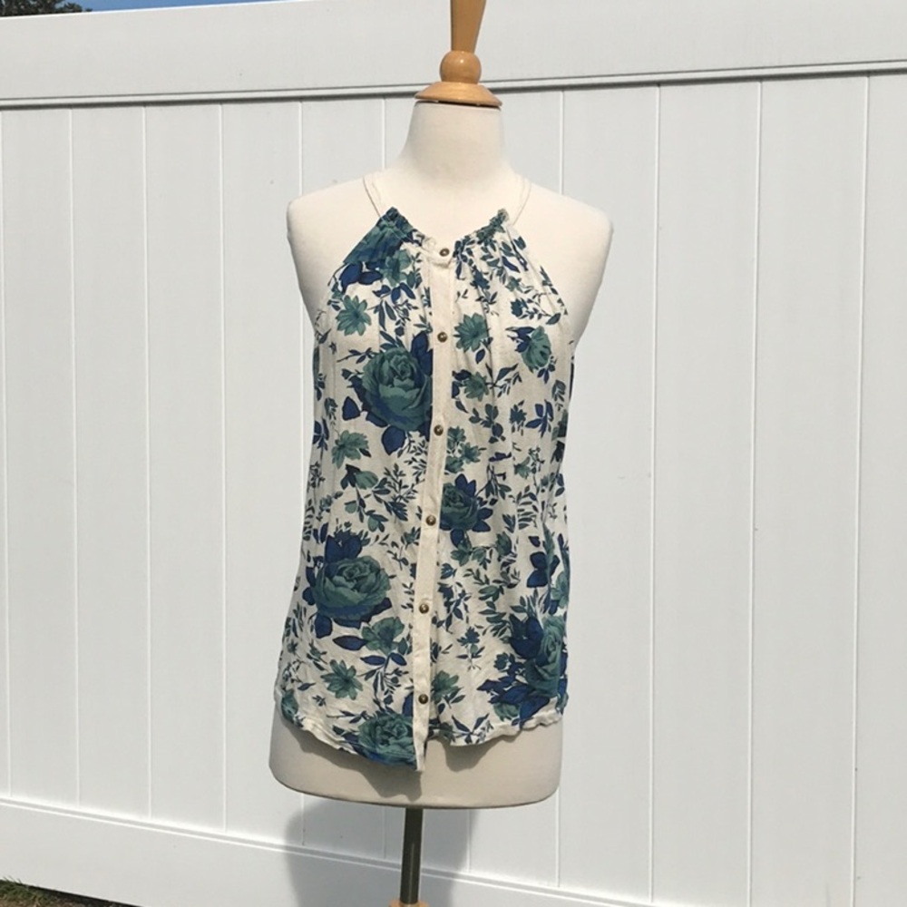 Lucky 🍀 Brand Floral Sleeveless Halter Top - Green Blue Cream  Size Medium